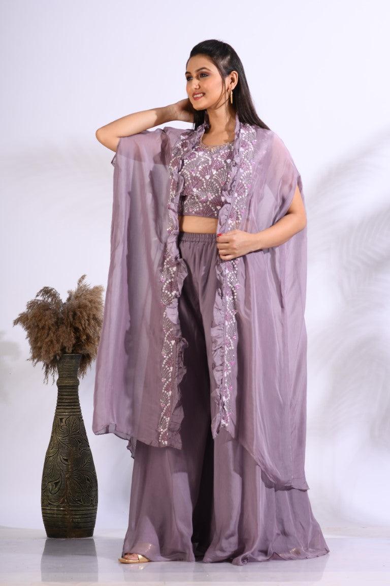 Morchari Top Palazzo With Jacket With Hand Embroidery - Purple - Swadesiicart