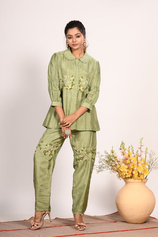 Morchari Co Ord Set With Hand Embroidery - Green - Swadesiicart