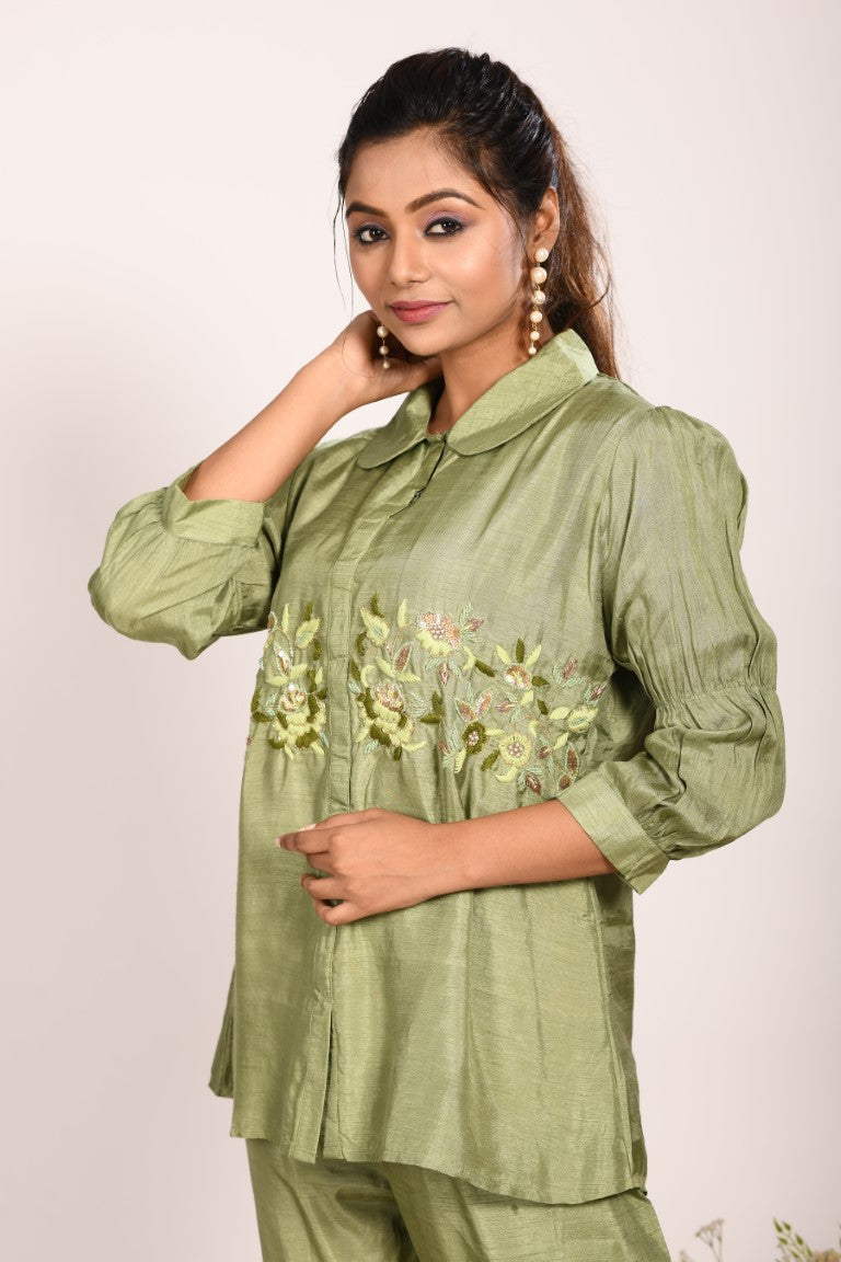 Morchari Co Ord Set With Hand Embroidery - Green - Swadesiicart