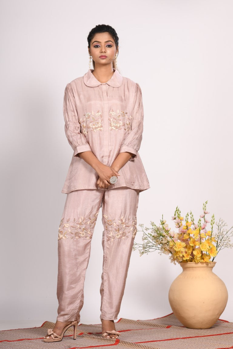 Morchari Co Ord Set With Hand Embroidery - Cream - Swadesiicart