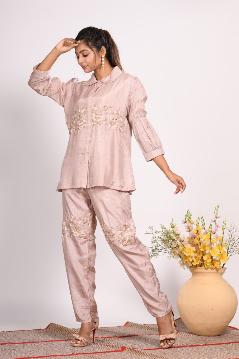 Morchari Co Ord Set With Hand Embroidery - Cream - Swadesiicart