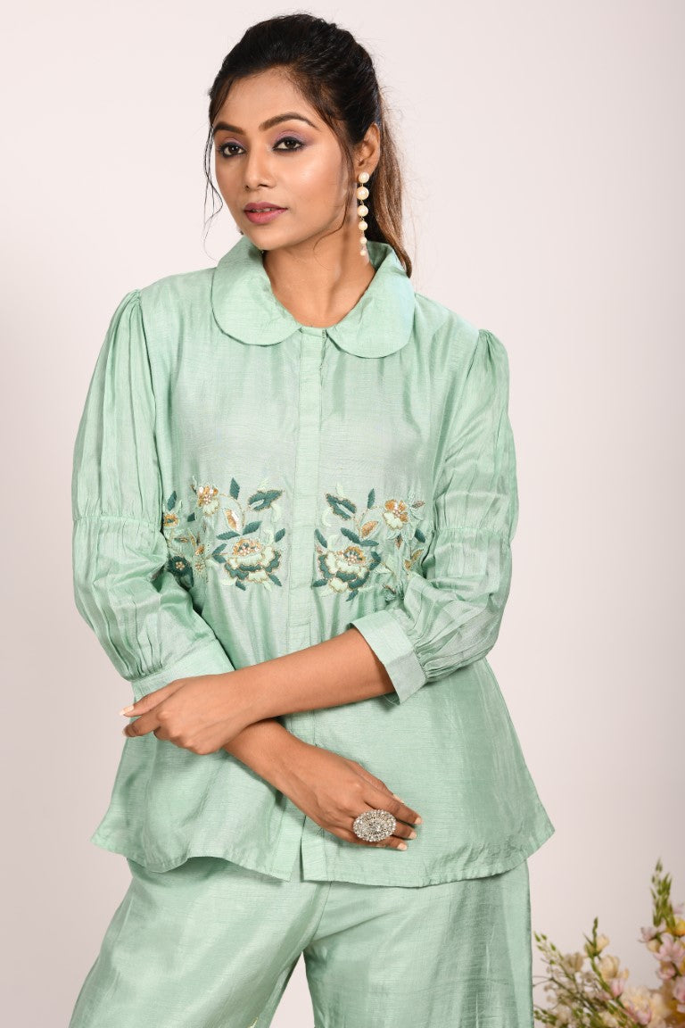 Morchari Co Ord Set With Hand Embroidery - Green - Swadesiicart