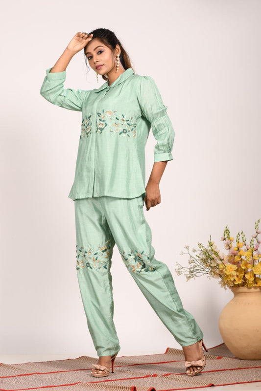 Morchari Co Ord Set With Hand Embroidery - Green - Swadesiicart