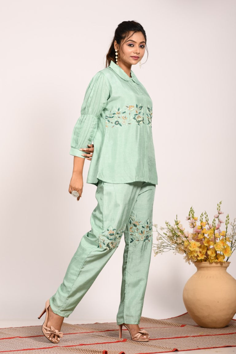 Morchari Co Ord Set With Hand Embroidery - Green - Swadesiicart