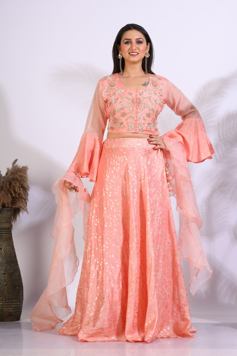 Morchari Crop Top With Hand Embroidery With Frill Dupatta - Peach - Swadesiicart