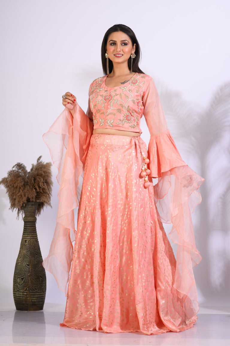 Morchari Crop Top With Hand Embroidery With Frill Dupatta - Peach - Swadesiicart