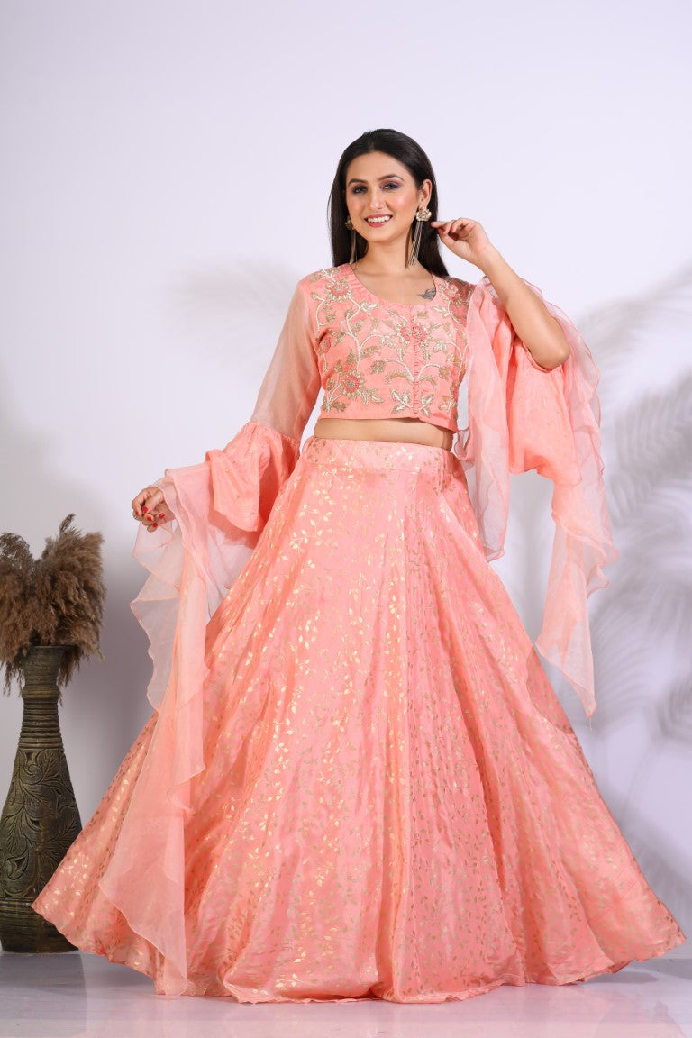 Morchari Crop Top With Hand Embroidery With Frill Dupatta - Peach - Swadesiicart