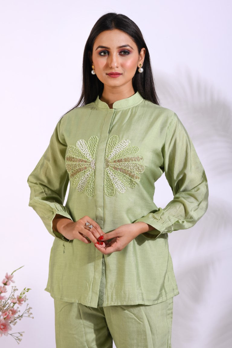 Morchari Co Ord Set With Hand Embroidery - Green - Swadesiicart