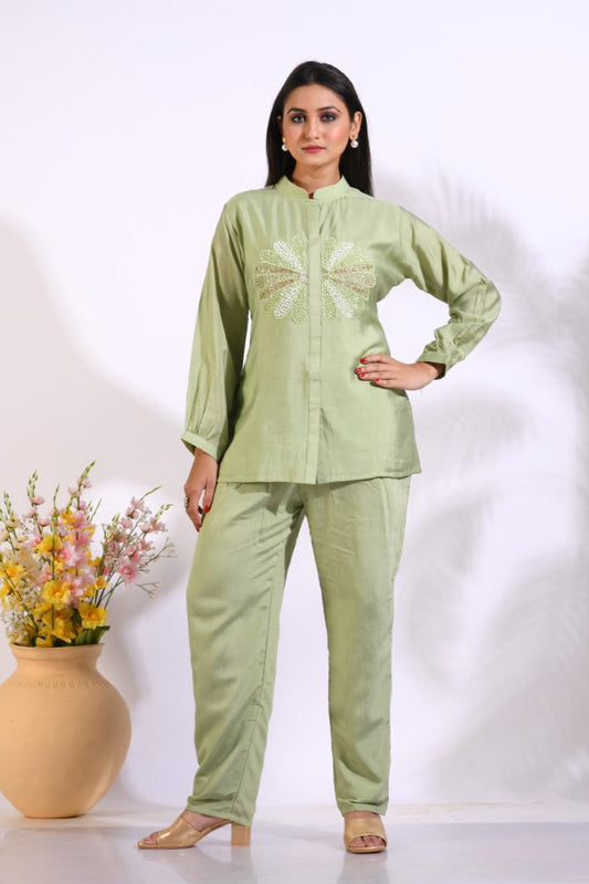 Morchari Co Ord Set With Hand Embroidery - Green - Swadesiicart
