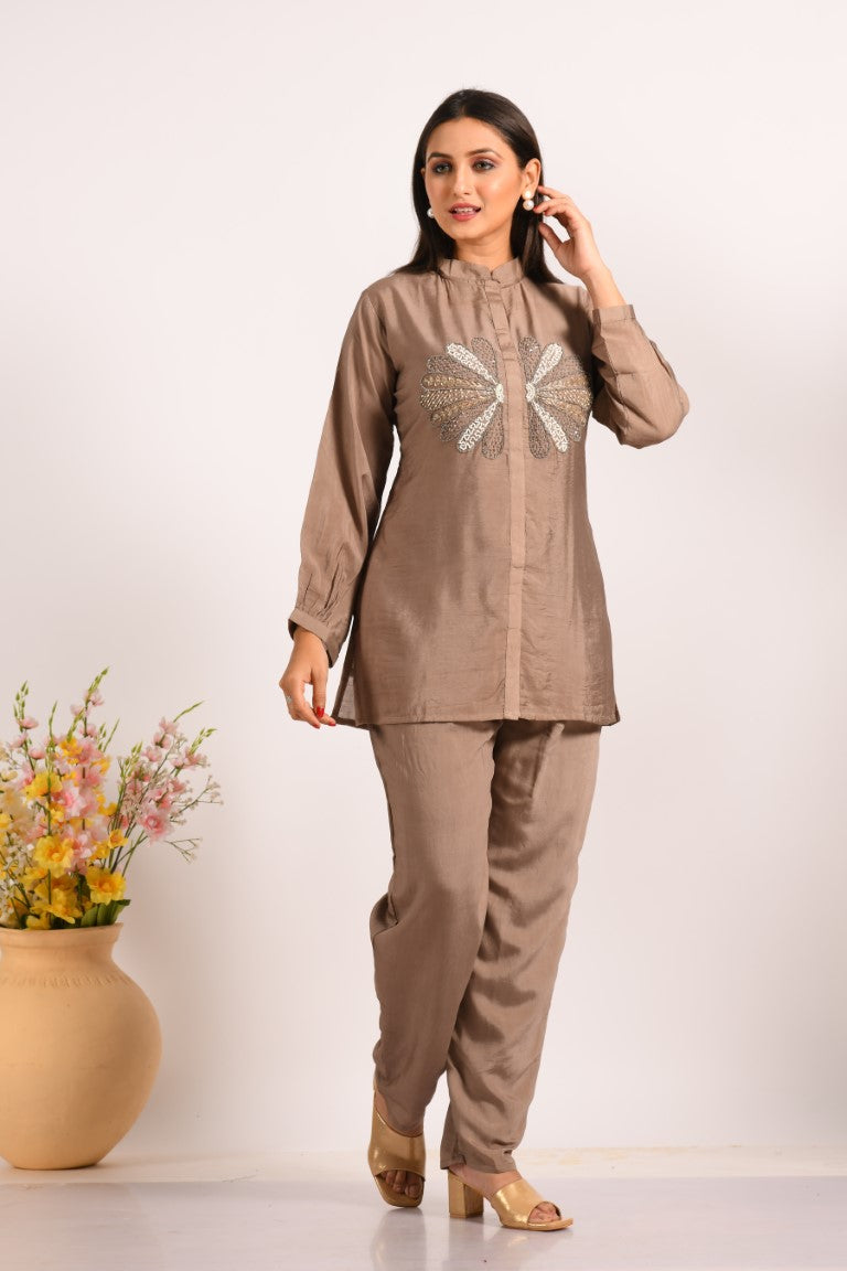 Morchari Co Ord Set With Hand Embroidery - Brown - Swadesiicart