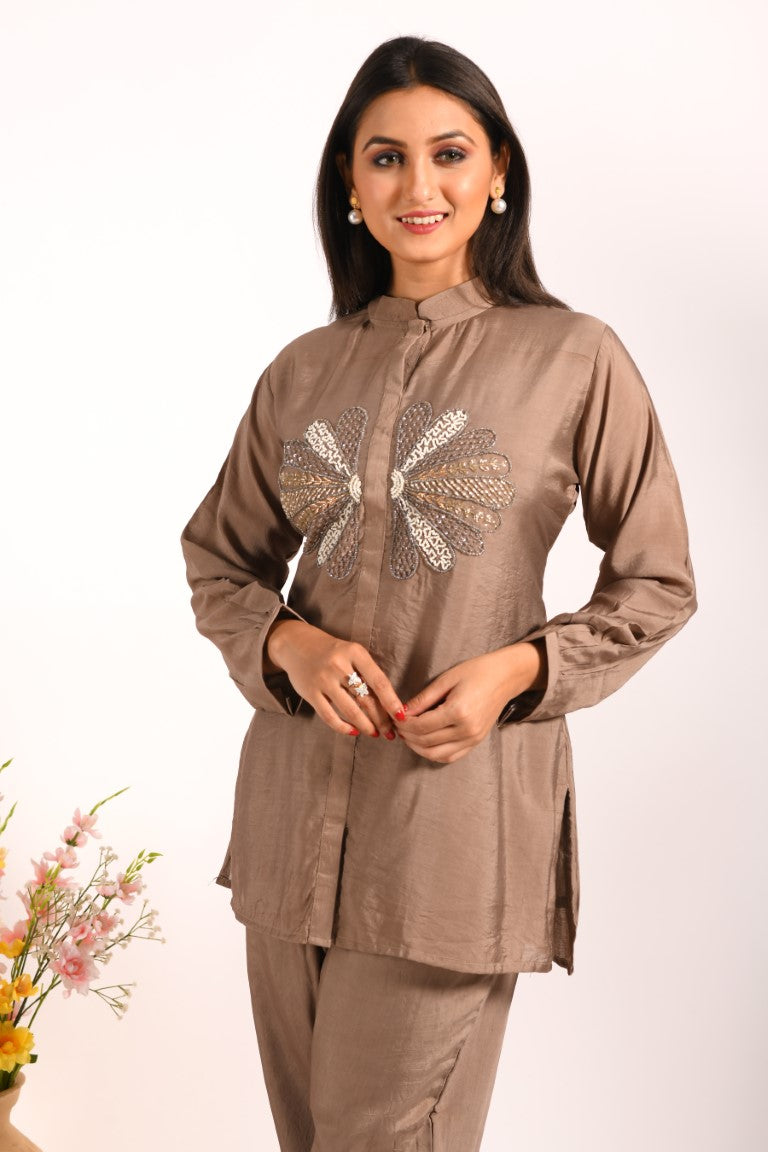 Morchari Co Ord Set With Hand Embroidery - Brown - Swadesiicart