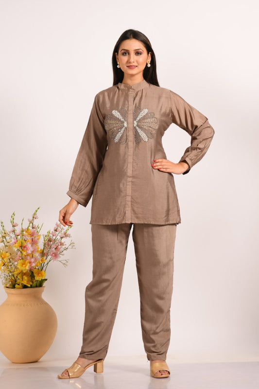 Morchari Co Ord Set With Hand Embroidery - Brown - Swadesiicart