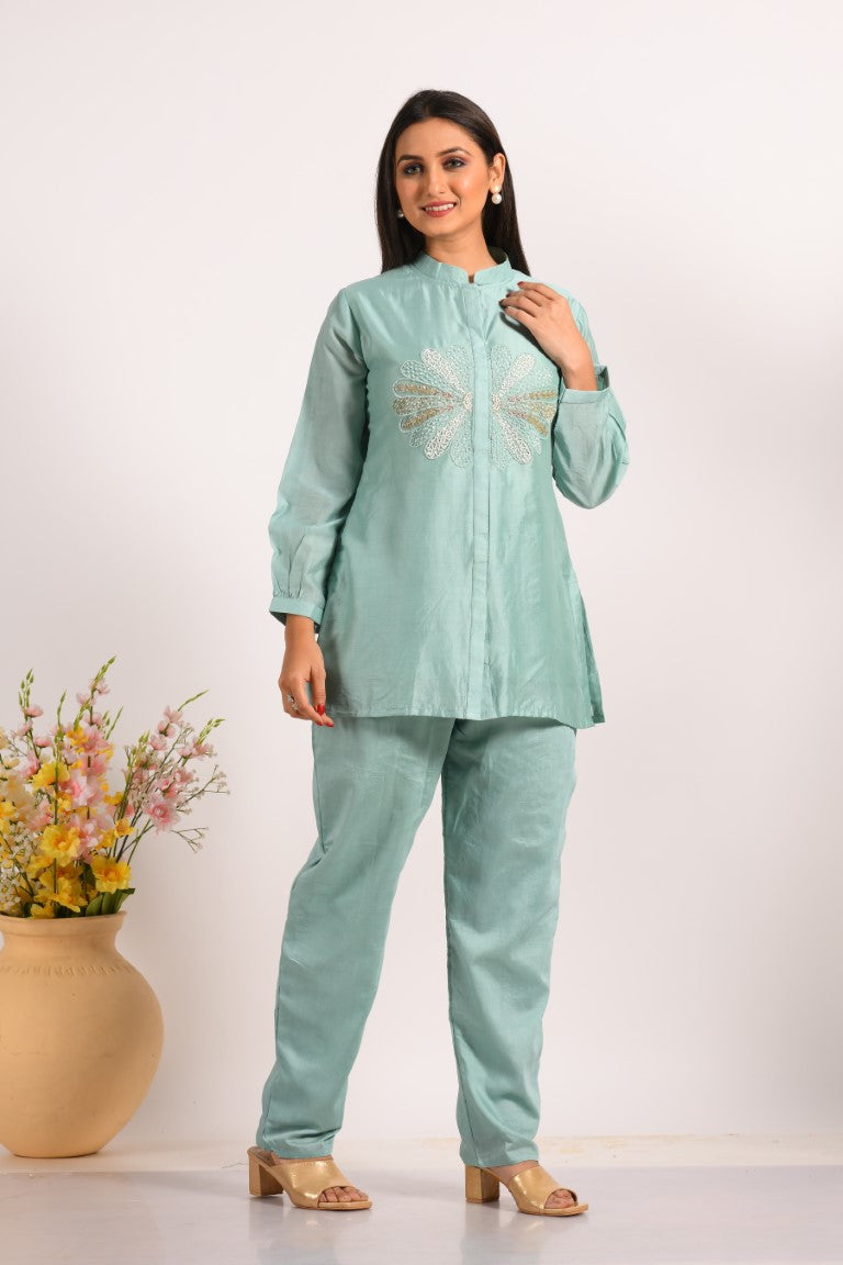 Morchari Co Ord Set With Hand Embroidery - Sky Blue - Swadesiicart