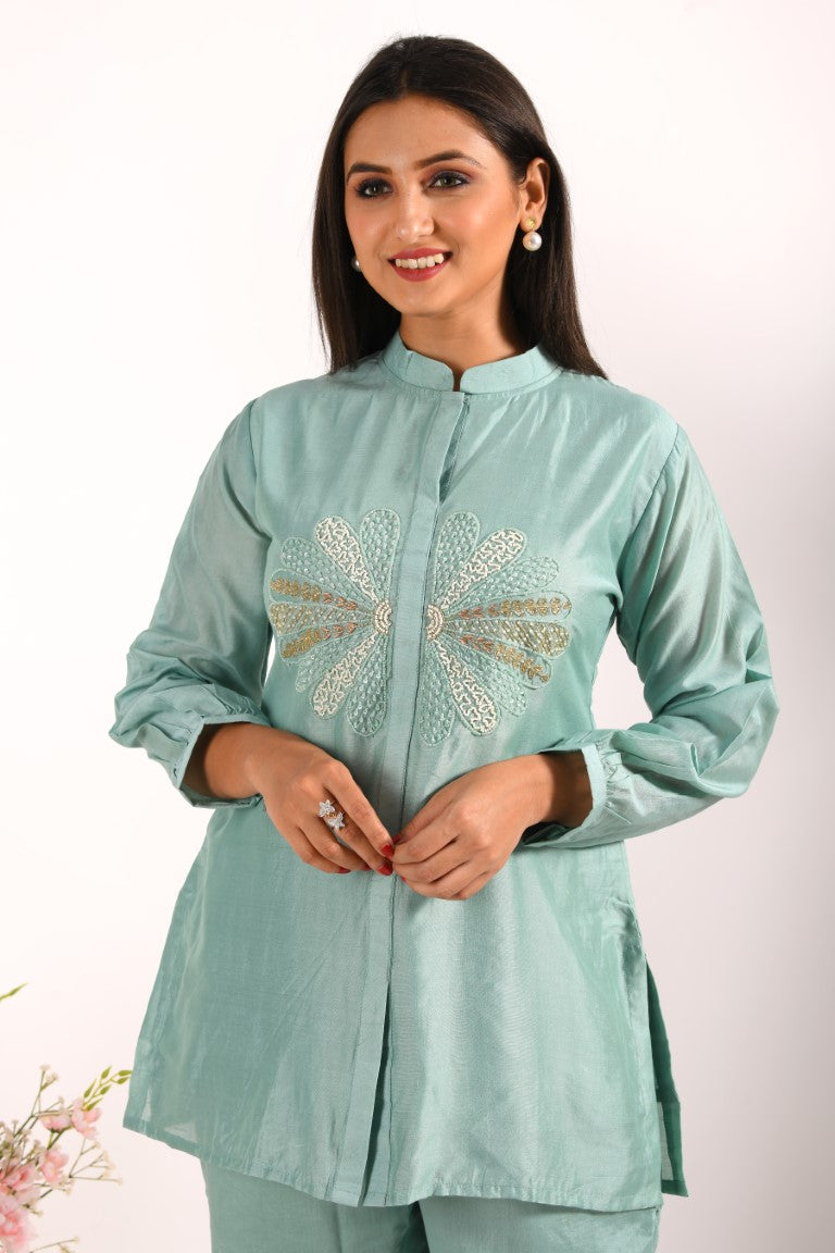 Morchari Co Ord Set With Hand Embroidery - Sky Blue - Swadesiicart