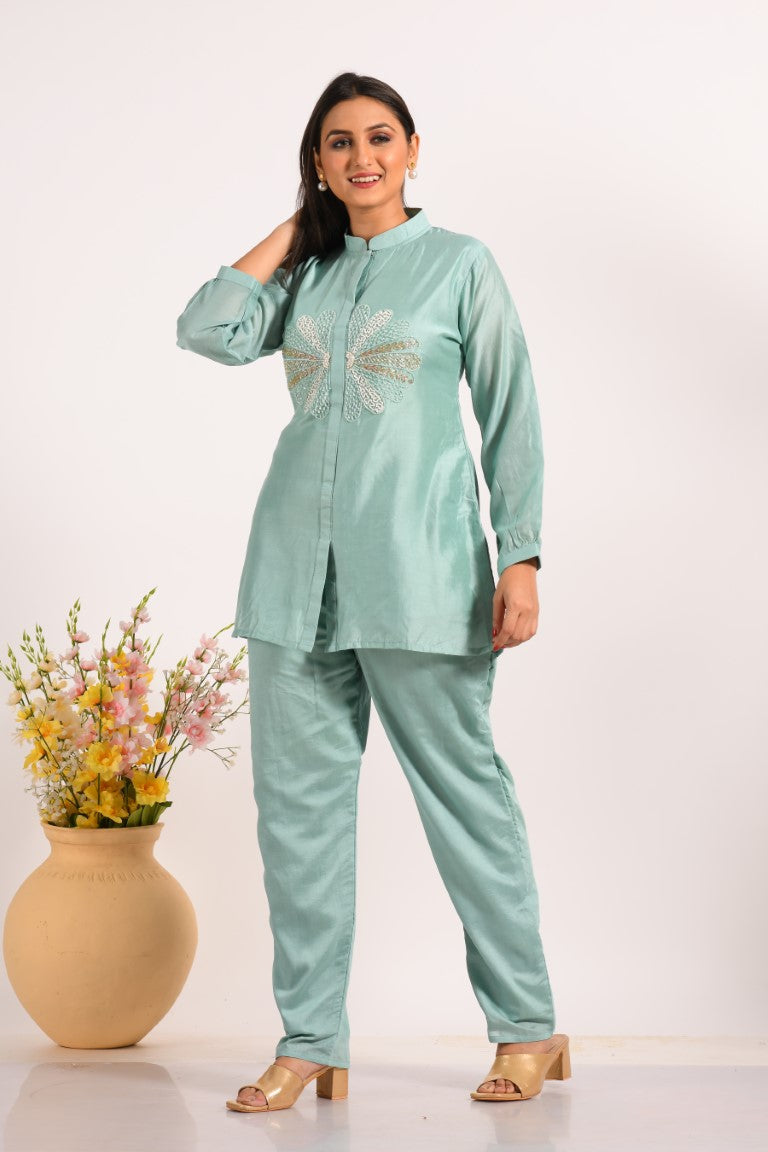 Morchari Co Ord Set With Hand Embroidery - Sky Blue - Swadesiicart