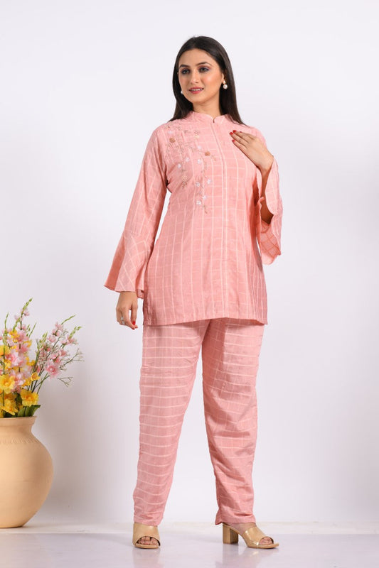 Morchari Co Ord Set With Hand Embroidery - Peach - Swadesiicart