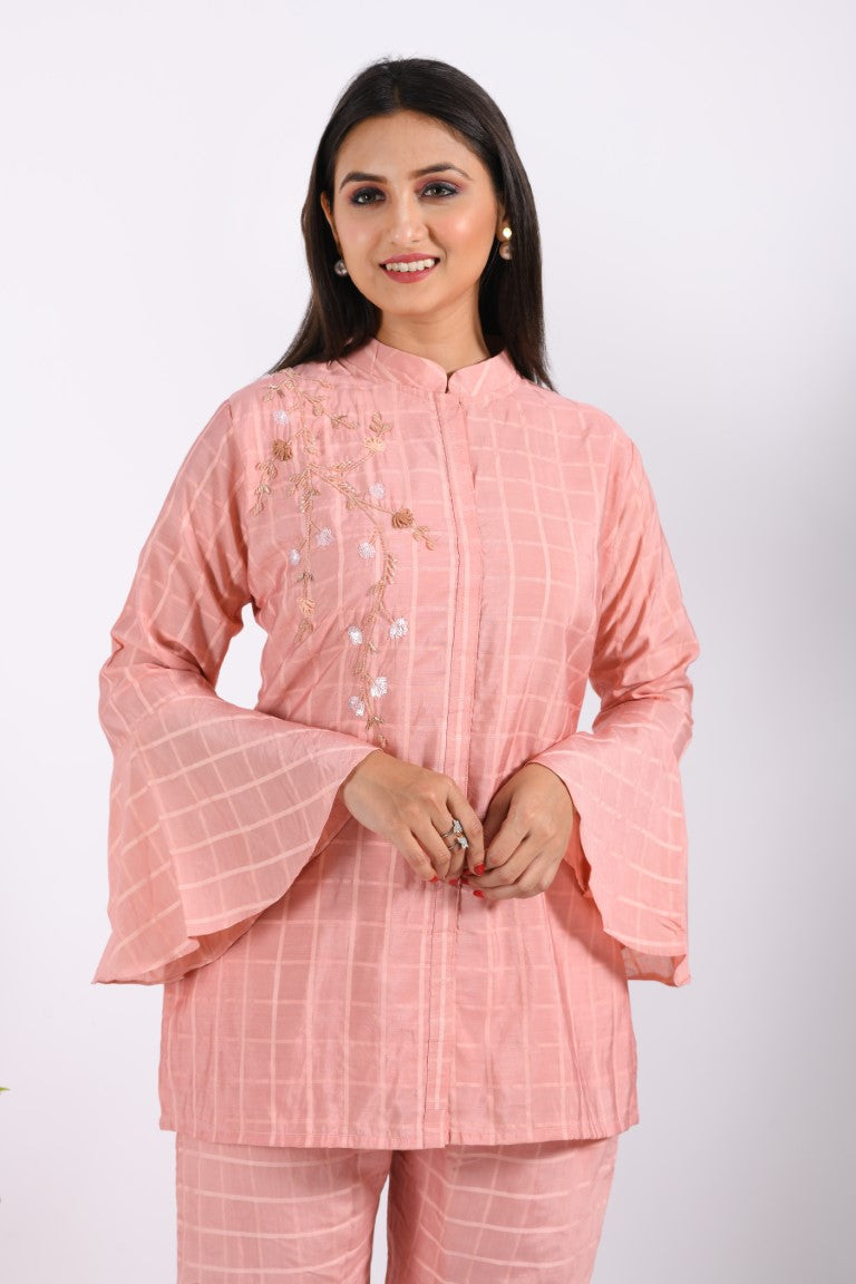 Morchari Co Ord Set With Hand Embroidery - Peach - Swadesiicart