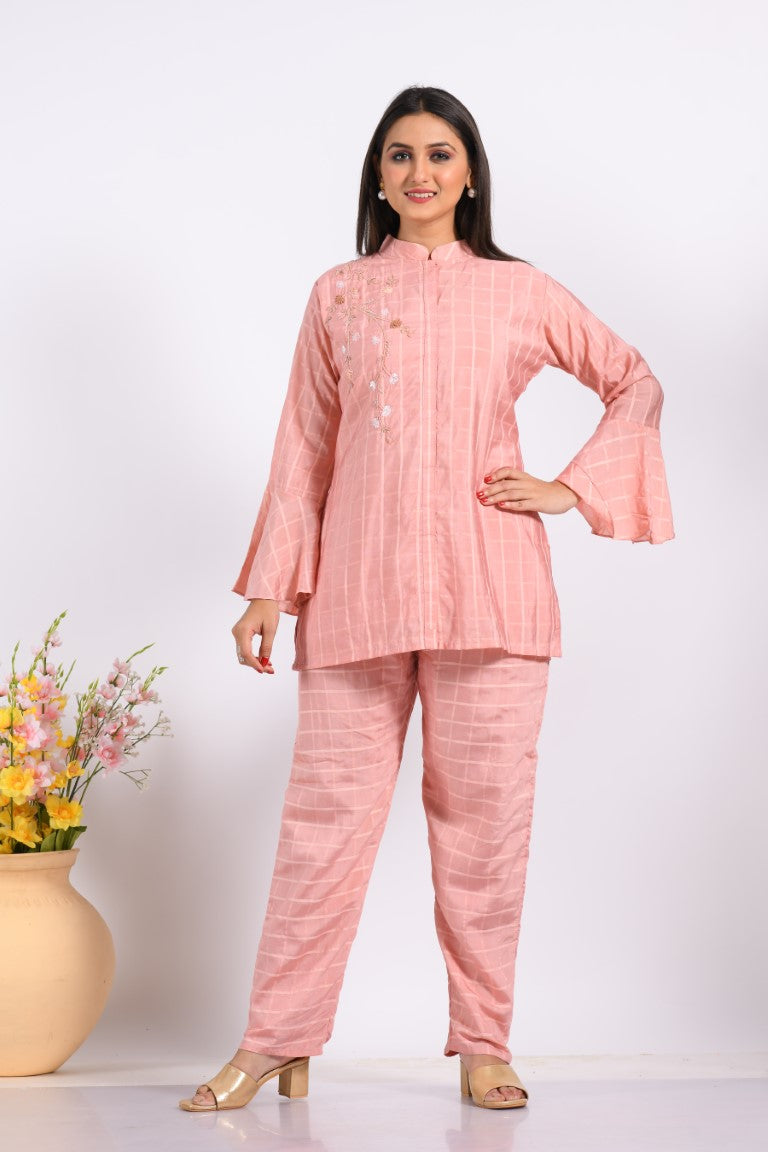 Morchari Co Ord Set With Hand Embroidery - Peach - Swadesiicart