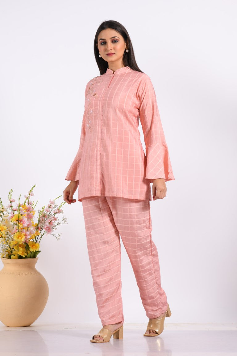 Morchari Co Ord Set With Hand Embroidery - Peach - Swadesiicart