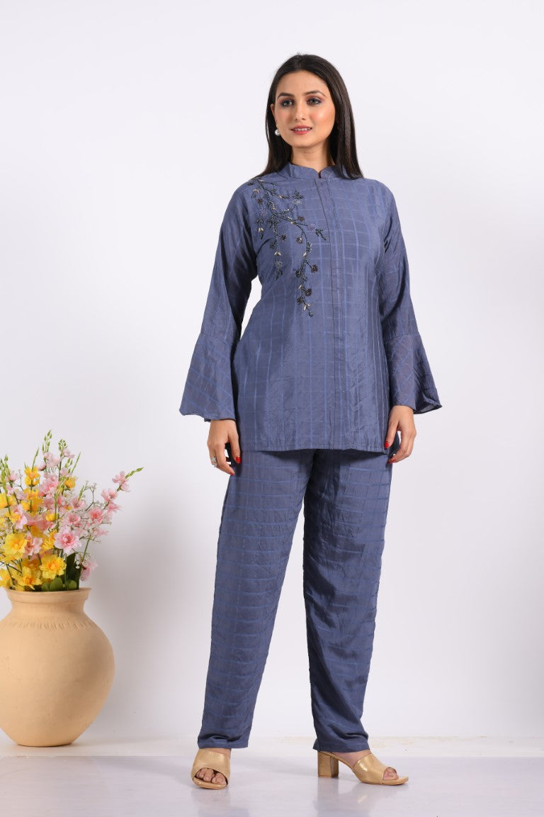 Morchari Co Ord Set With Hand Embroidery - Blue - Swadesiicart