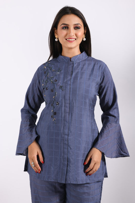 Morchari Co Ord Set With Hand Embroidery - Blue - Swadesiicart
