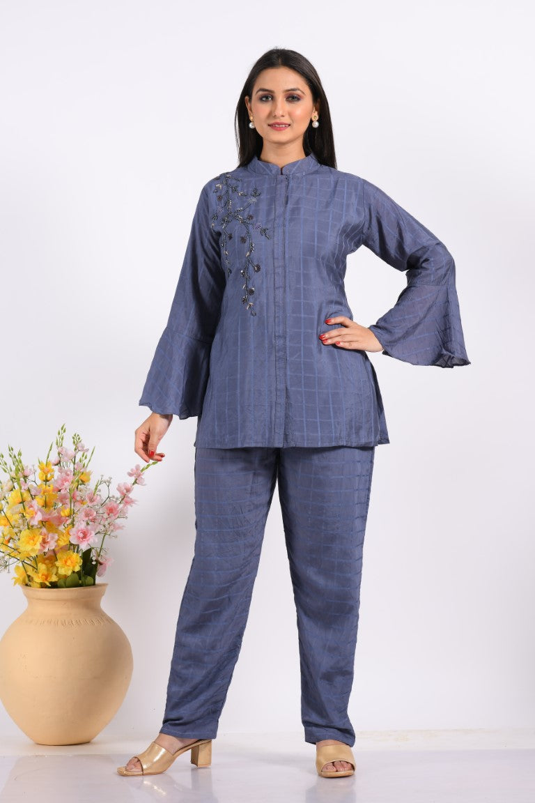 Morchari Co Ord Set With Hand Embroidery - Blue - Swadesiicart