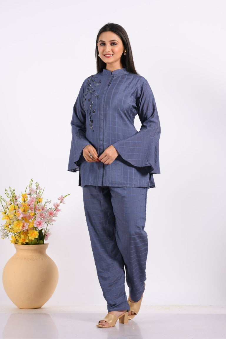 Morchari Co Ord Set With Hand Embroidery - Blue - Swadesiicart