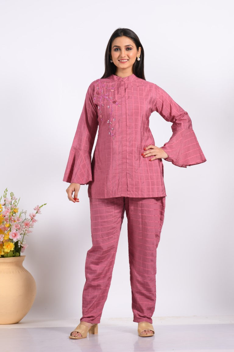 Morchari Co Ord Set With Hand Embroidery - Peach - Swadesiicart