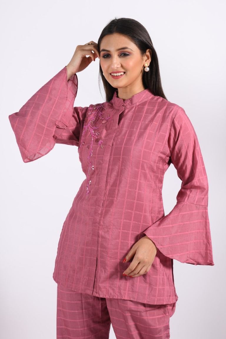 Morchari Co Ord Set With Hand Embroidery - Peach - Swadesiicart
