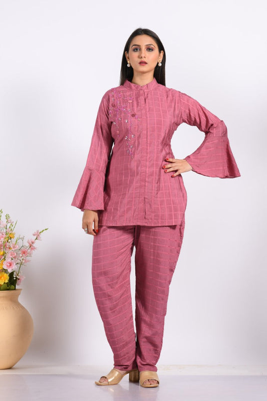 Morchari Co Ord Set With Hand Embroidery - Peach - Swadesiicart