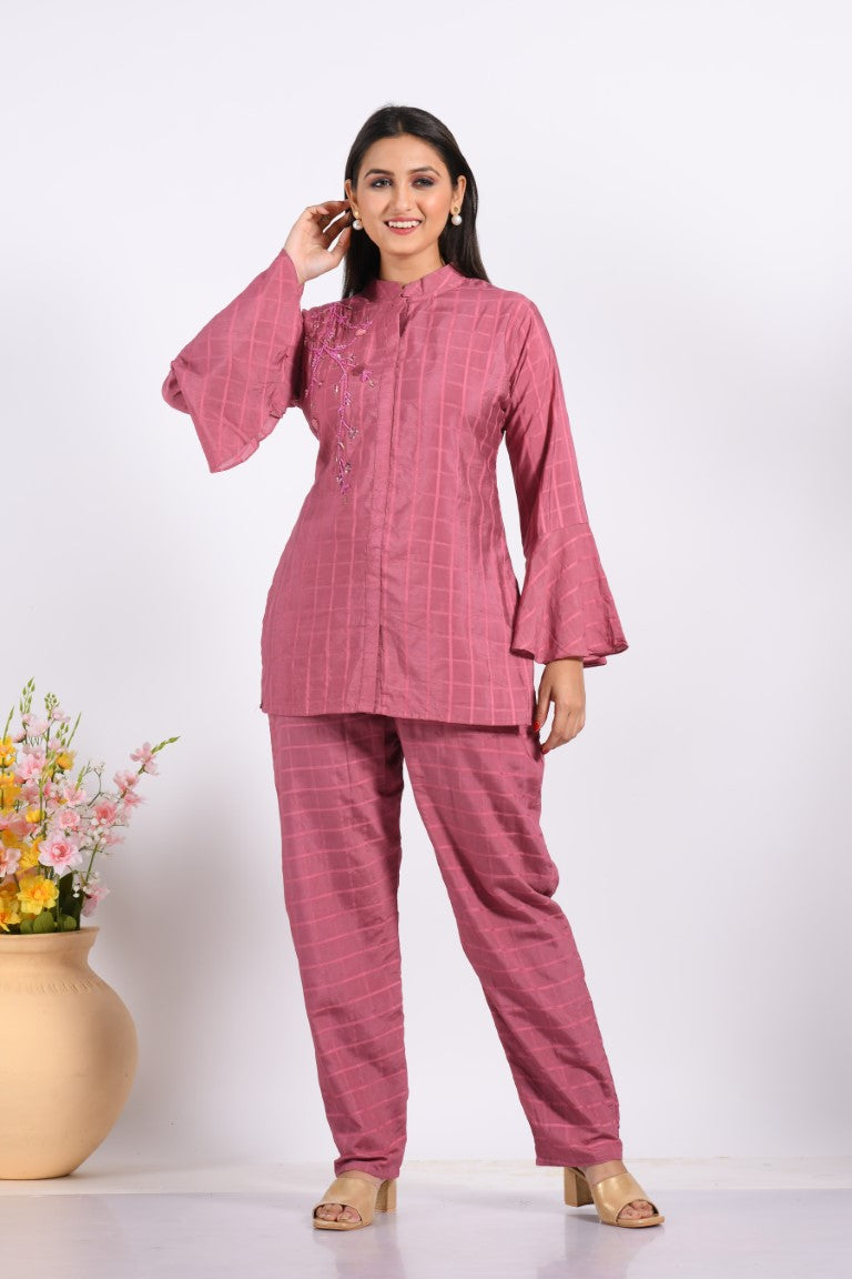Morchari Co Ord Set With Hand Embroidery - Peach - Swadesiicart