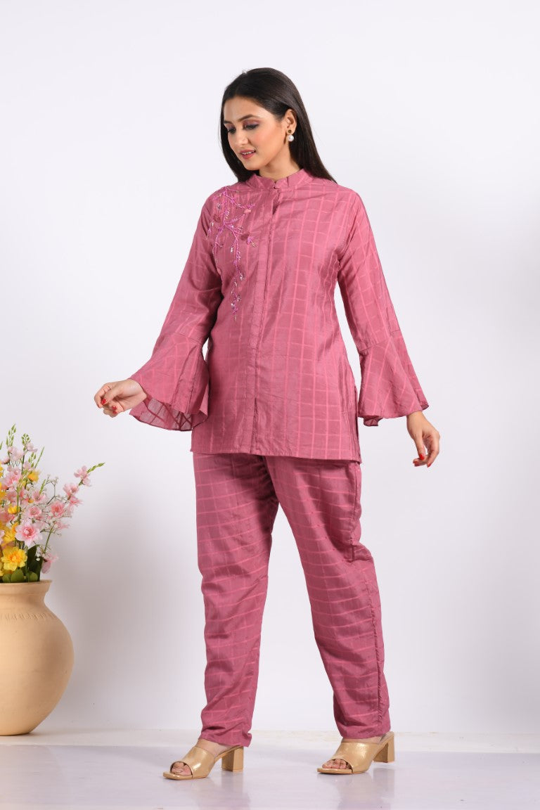 Morchari Co Ord Set With Hand Embroidery - Peach - Swadesiicart