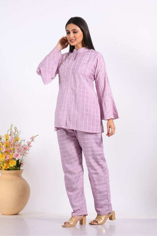 Morchari Co Ord Set With Hand Embroidery - Light Purple - Swadesiicart