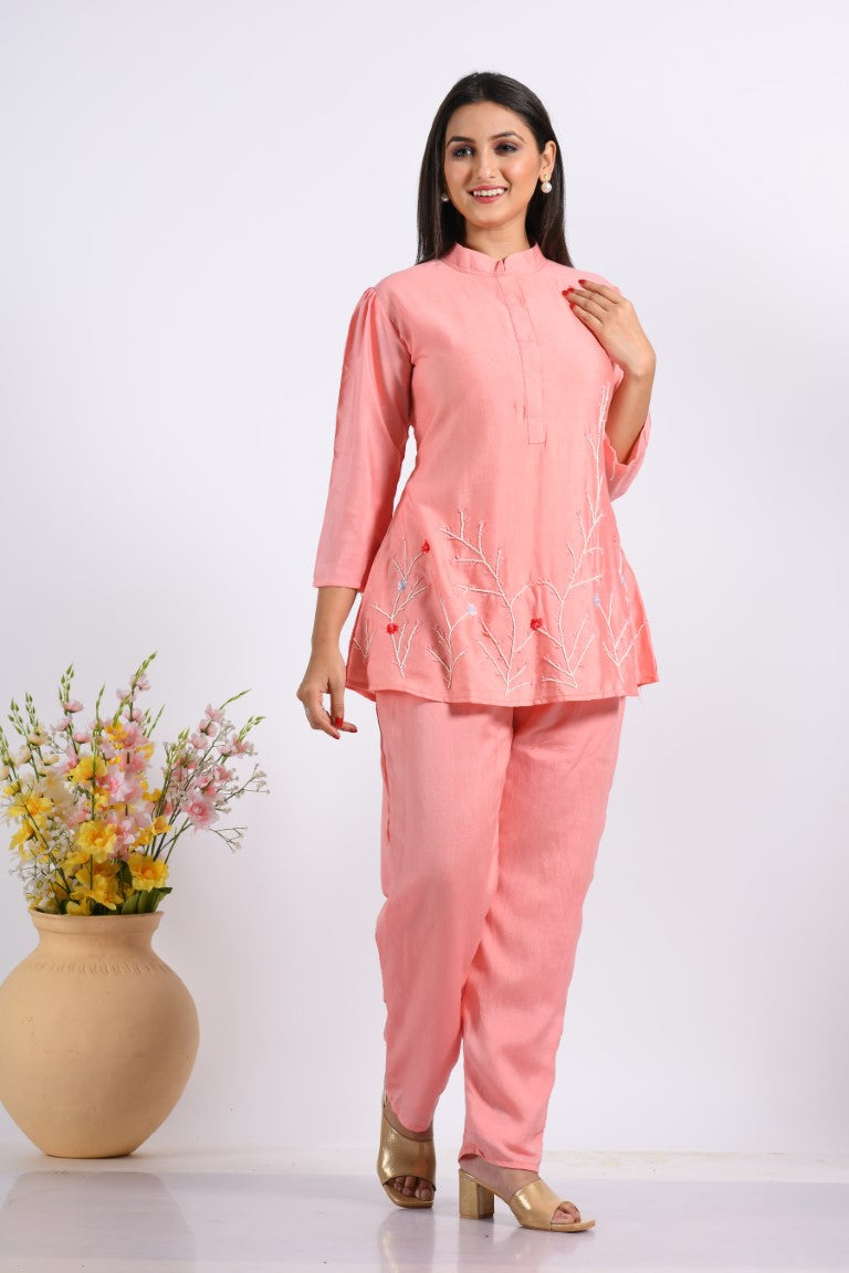 Morchari Co Ord Set With Hand Embroidery - Peach - Swadesiicart