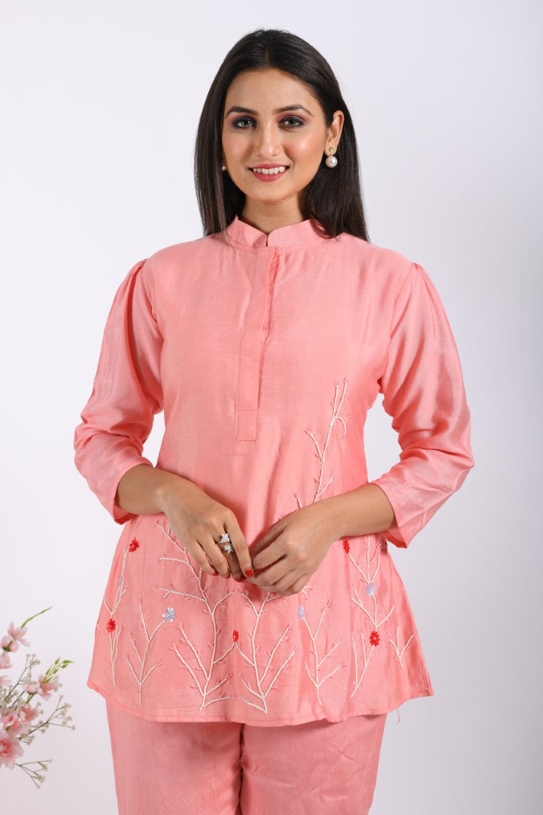 Morchari Co Ord Set With Hand Embroidery - Peach - Swadesiicart