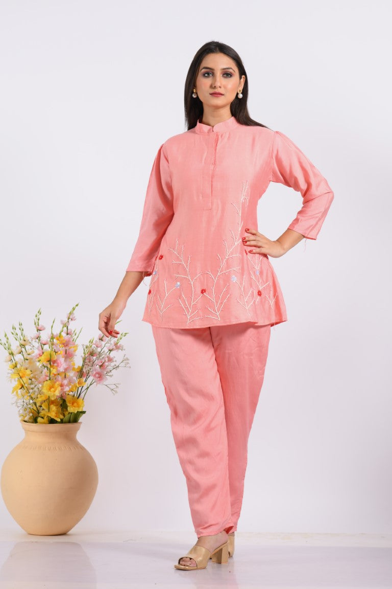 Morchari Co Ord Set With Hand Embroidery - Peach - Swadesiicart