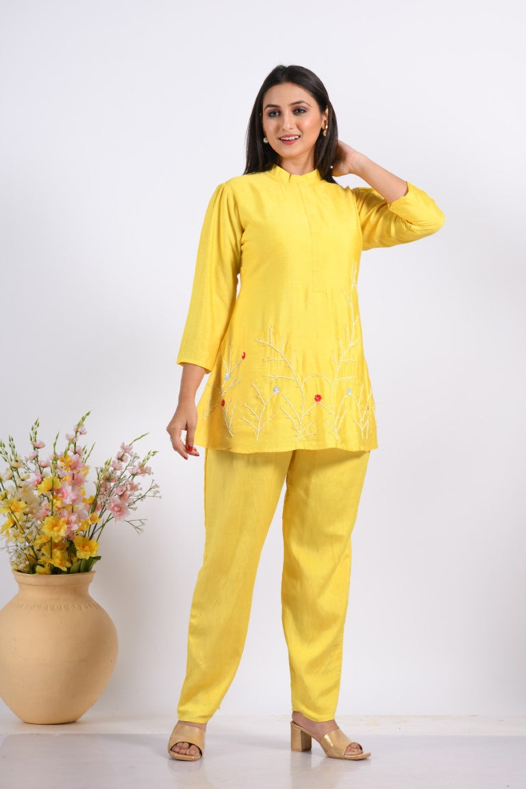 Morchari Co Ord Set With Hand Embroidery - Yellow - Swadesiicart