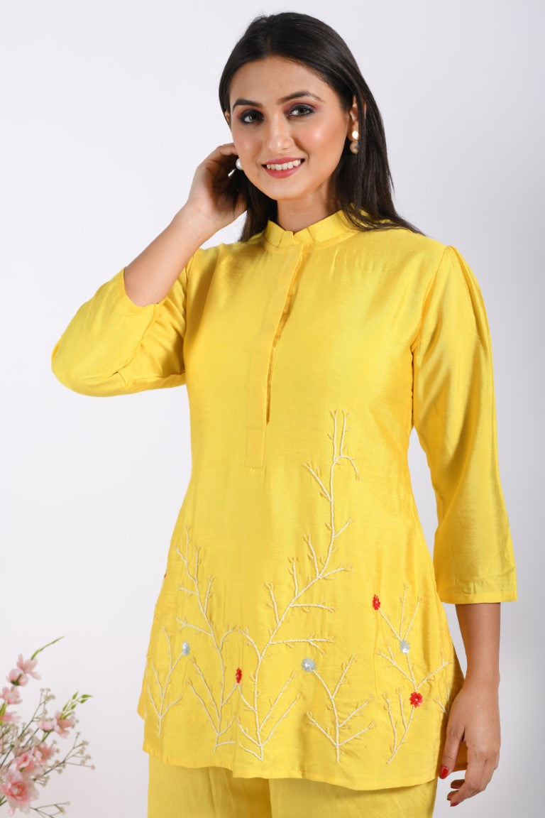 Morchari Co Ord Set With Hand Embroidery - Yellow - Swadesiicart