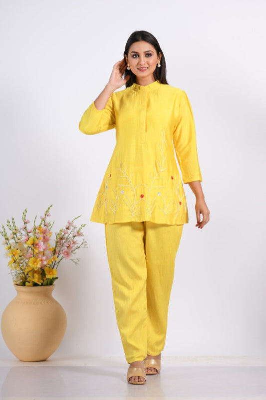Morchari Co Ord Set With Hand Embroidery - Yellow - Swadesiicart