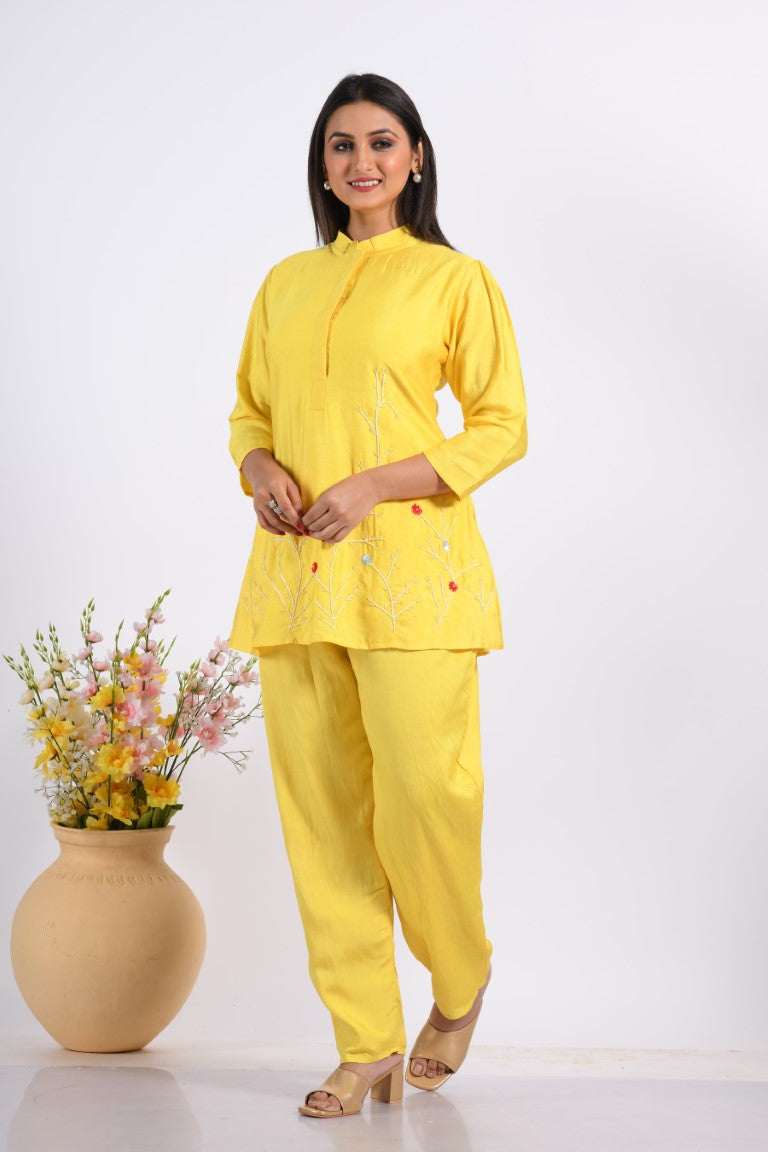 Morchari Co Ord Set With Hand Embroidery - Yellow - Swadesiicart