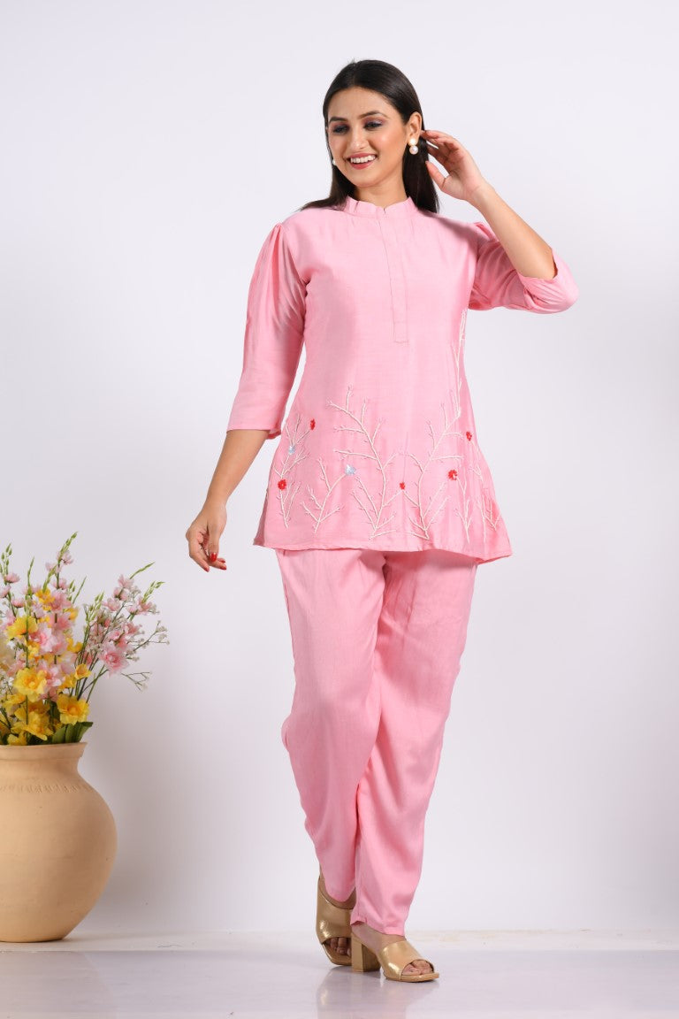 Morchari Co Ord Set With Hand Embroidery - Pink - Swadesiicart