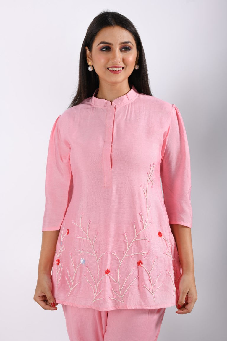 Morchari Co Ord Set With Hand Embroidery - Pink - Swadesiicart