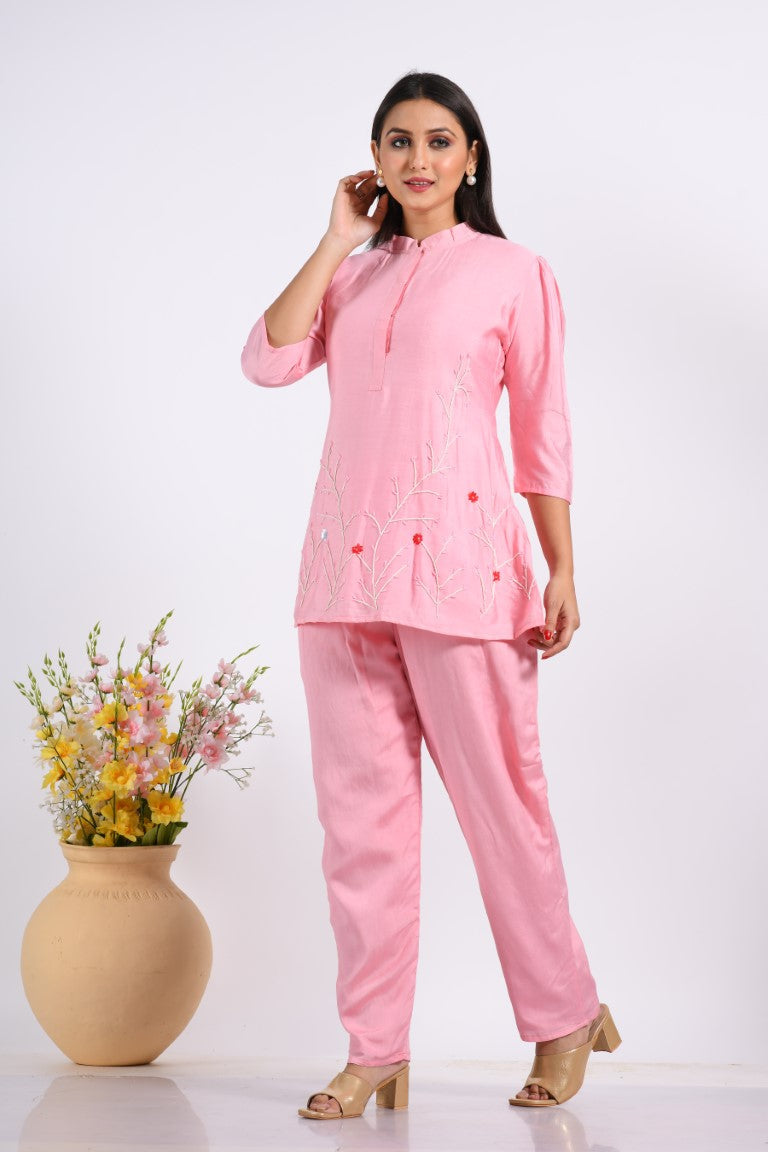 Morchari Co Ord Set With Hand Embroidery - Pink - Swadesiicart