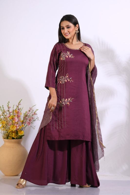 Morchari Palazzo With Long Pant & Dupatta With Hand Embroidery - Maroon - Swadesiicart