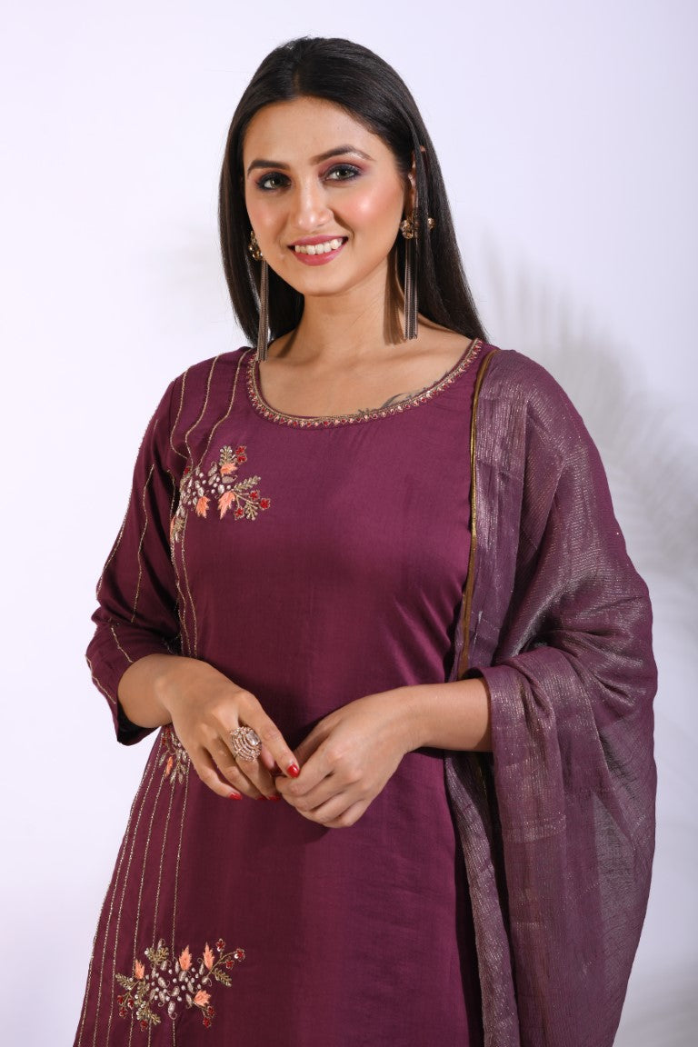 Morchari Palazzo With Long Pant & Dupatta With Hand Embroidery - Maroon - Swadesiicart