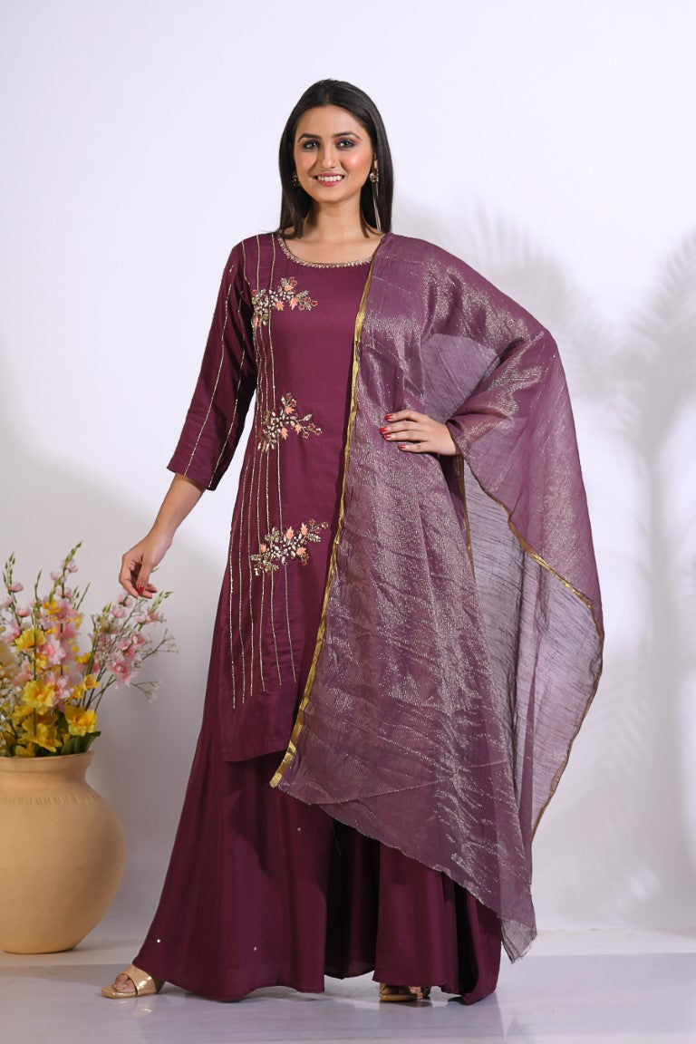 Morchari Palazzo With Long Pant & Dupatta With Hand Embroidery - Maroon - Swadesiicart