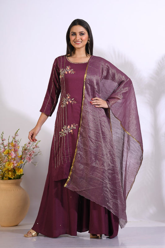 Morchari Palazzo With Long Pant & Dupatta With Hand Embroidery - Maroon - Swadesiicart