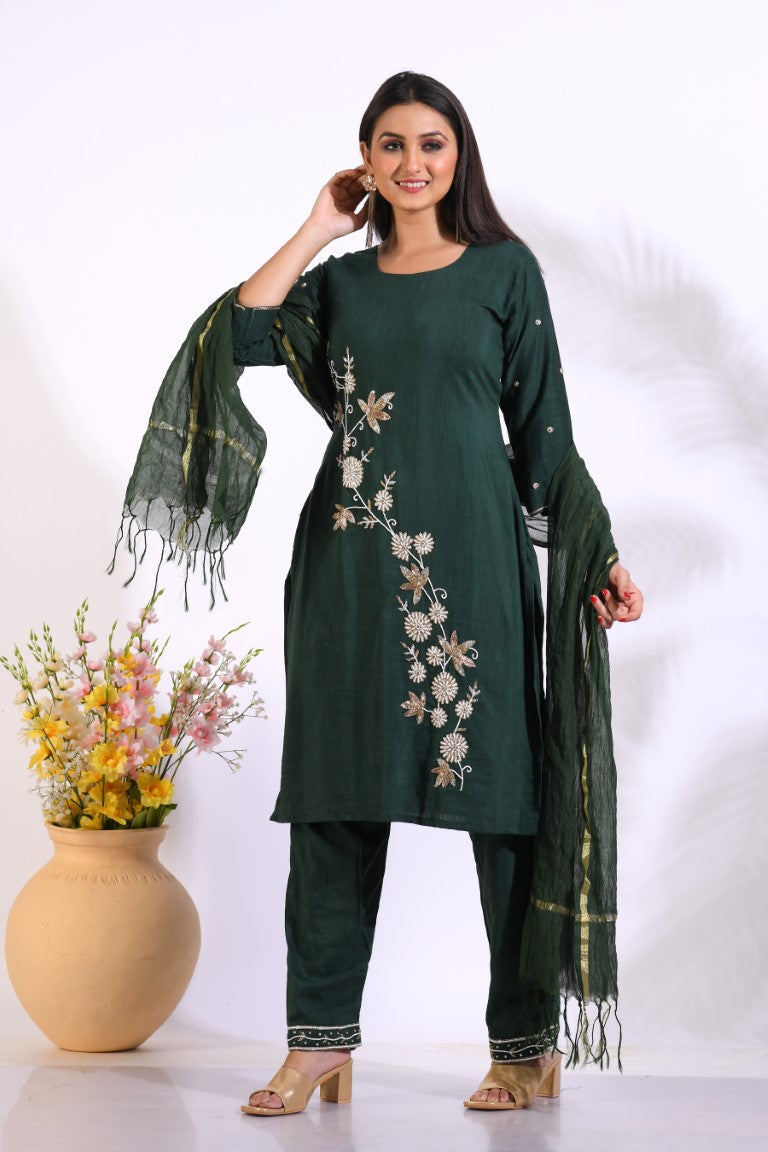 Morchari Long Top With Straight Paint & Hand Embroidery - Green - Swadesiicart