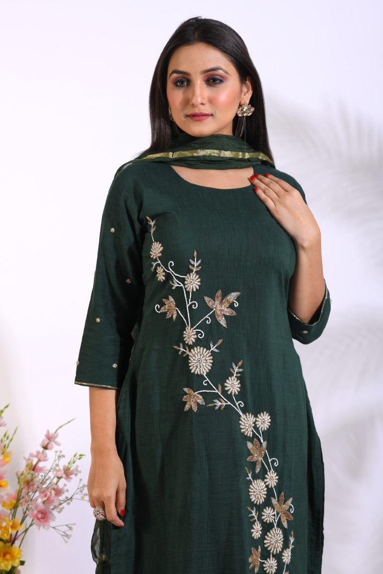 Morchari Long Top With Straight Paint & Hand Embroidery - Green - Swadesiicart