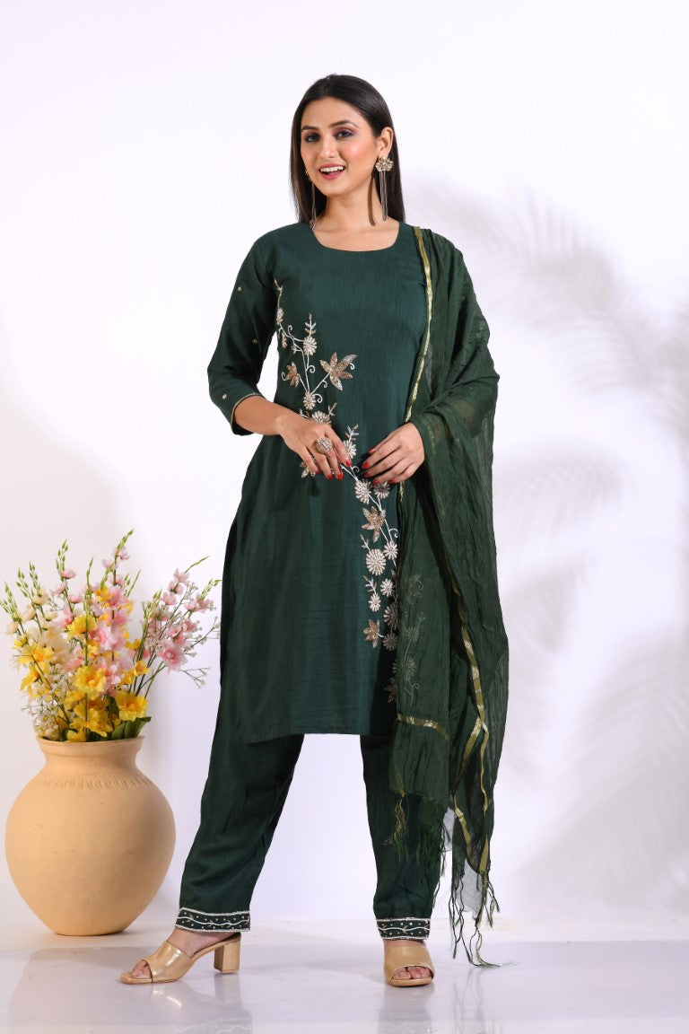 Morchari Long Top With Straight Paint & Hand Embroidery - Green - Swadesiicart